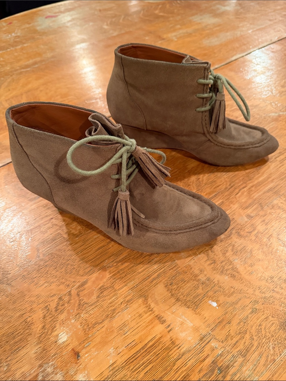 Rebecca Minkoff Mia Lace-Up Tassel Wedge Booties, Tan